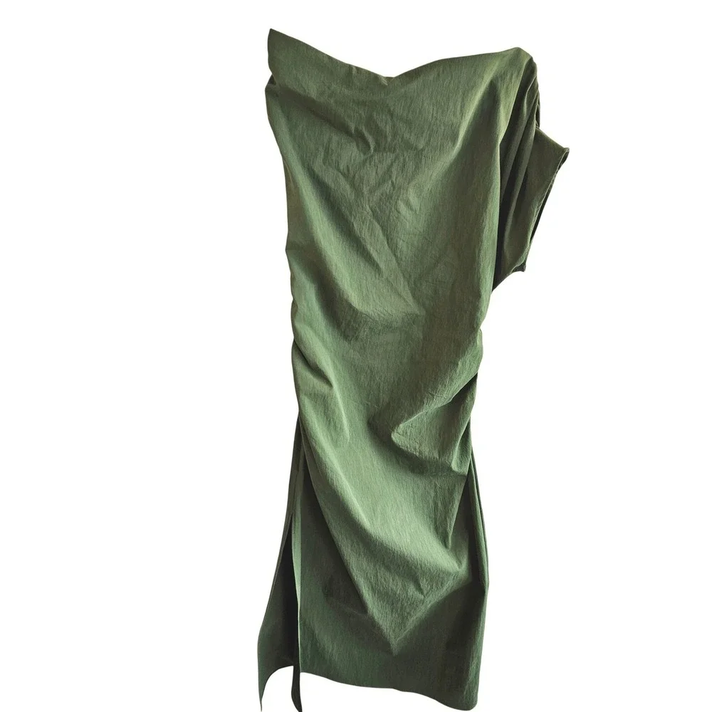 Abercrombie & Fitch Green Asymmetrical Ruched Maxi Dress Olive Large  NWT $110